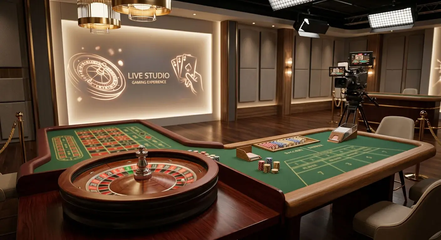 Neutrální ilustrace live casino studia s ruletovým stolem a kartami bez log a skutečného herního rozhraní