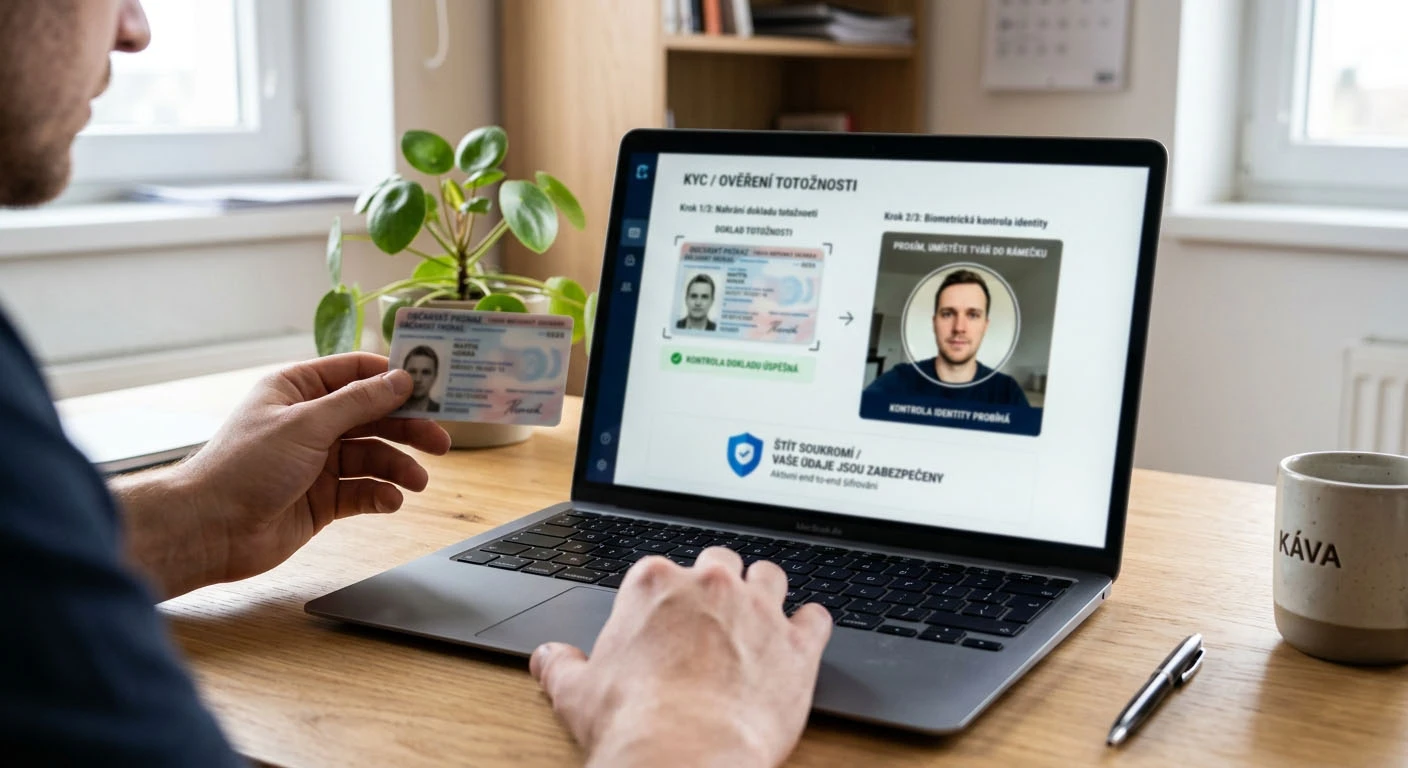 Neutrální ilustrace KYC s dokladem totožnosti, kontrolou identity a štítem soukromí