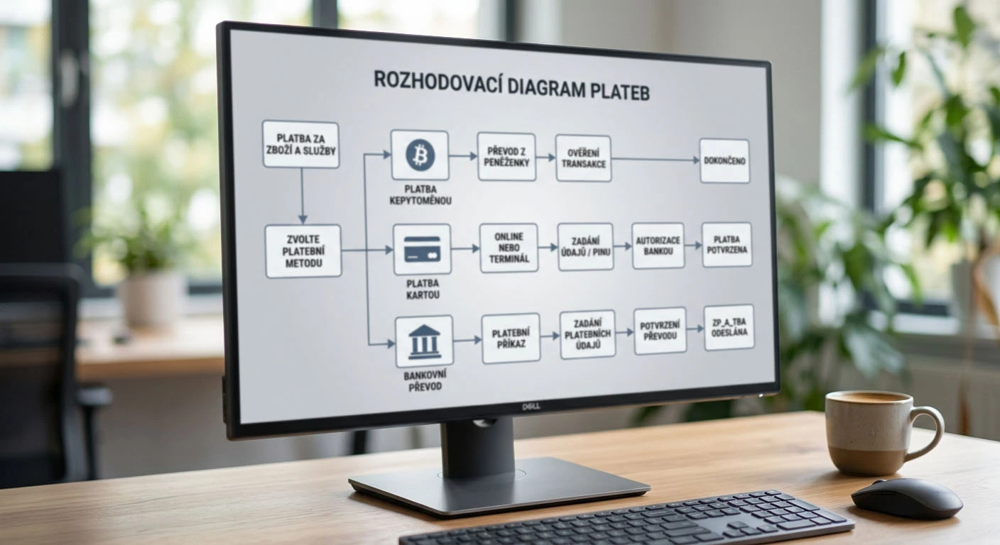 Neutrální platební rozhodovací diagram s kryptoměnou, kartou a bankovním převodem bez značek a částek