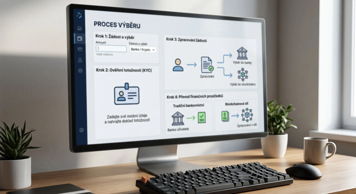 Procesní ilustrace výběru přes pokladna, KYC, zpracování a banku nebo blockchain bez časových údajů