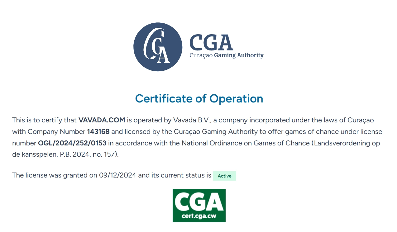 Skutečný obrazový záznam certifikátu Curaçao Gaming Authority pro VAVADA.COM a Vavada B.V.