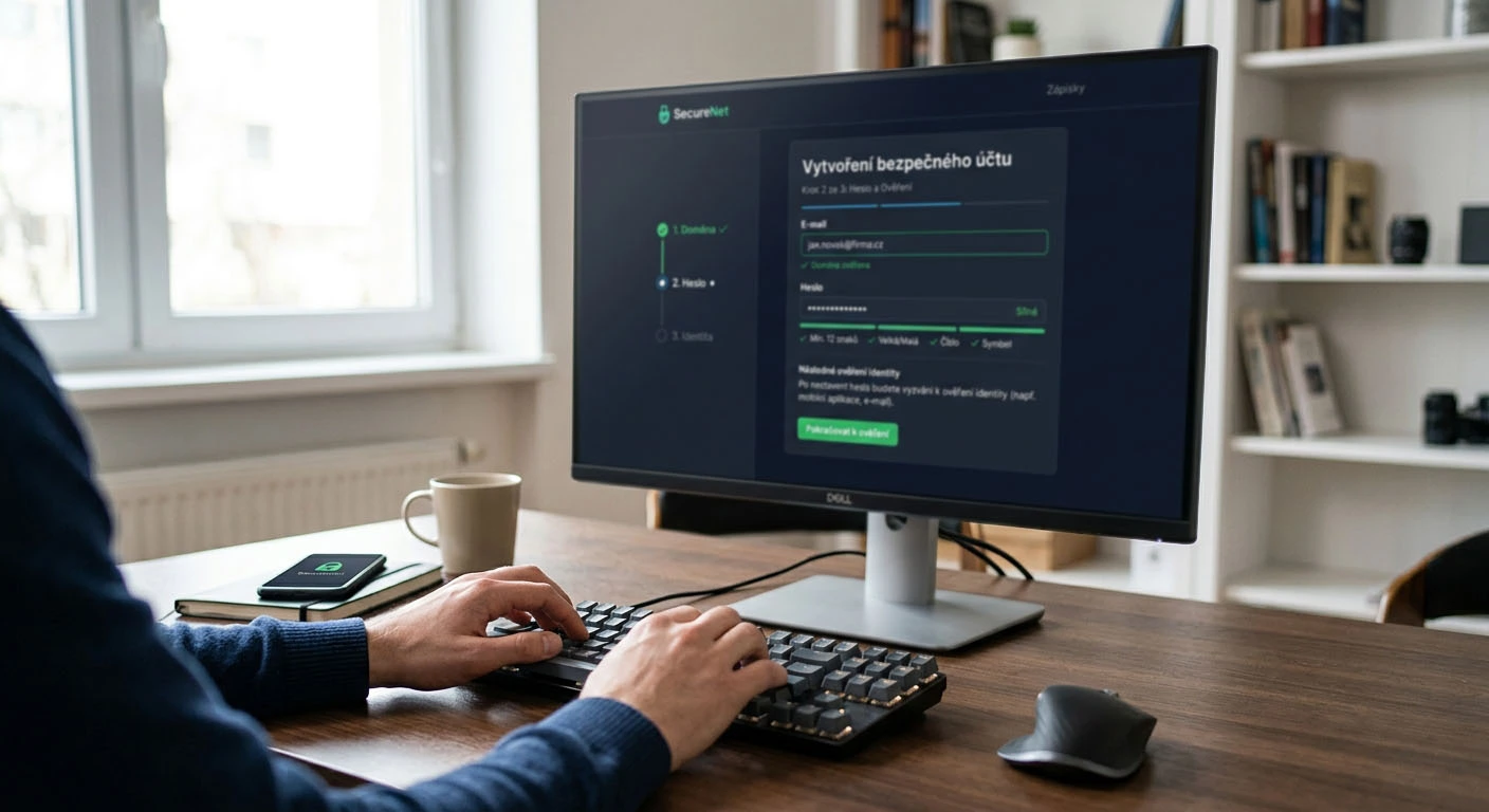 Ilustrace bezpečného založení online účtu s kontrolou domény, heslem a následným ověřením identity