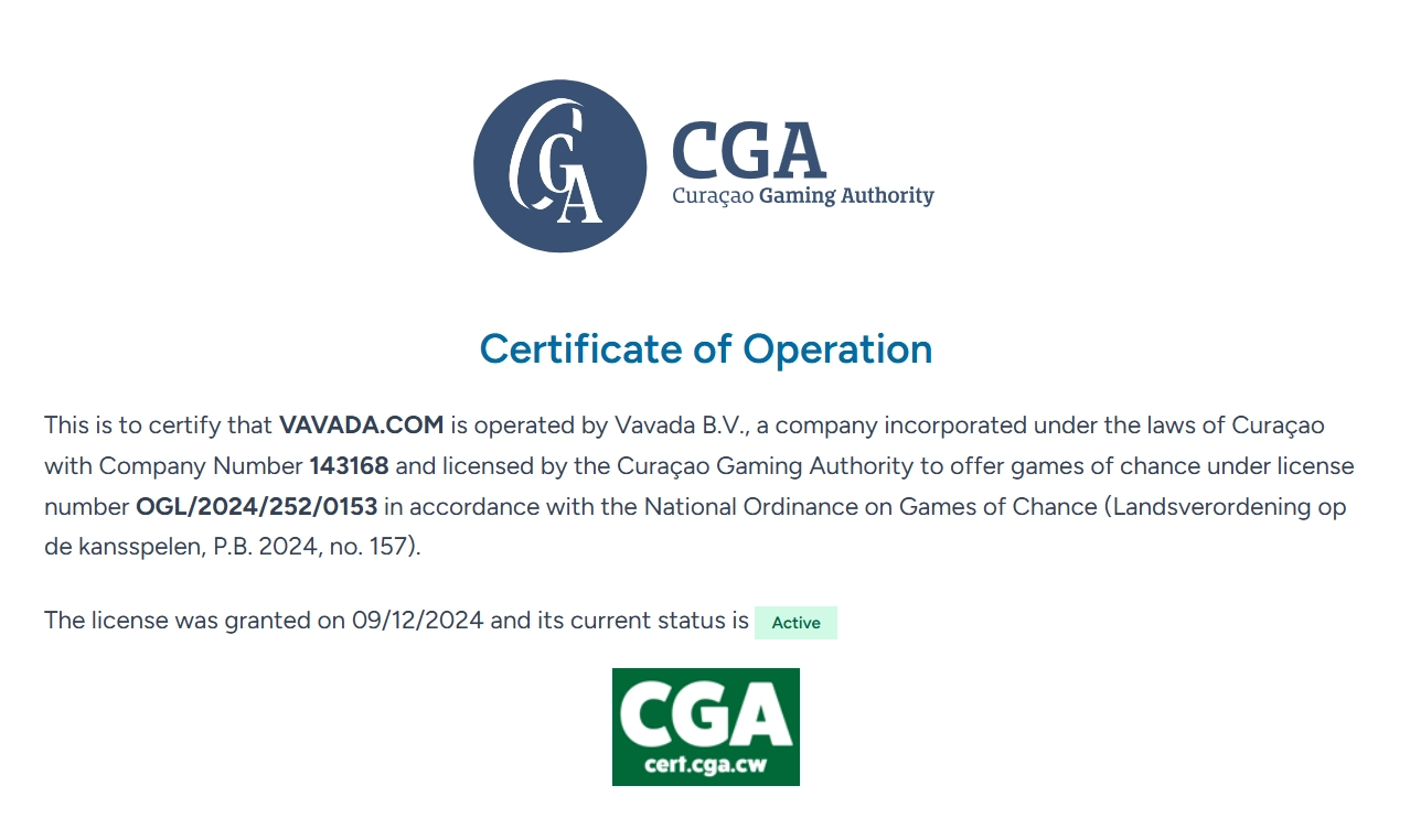 Obrazový záznam certifikátu Curaçao Gaming Authority pro Vavada B.V. a VAVADA.COM